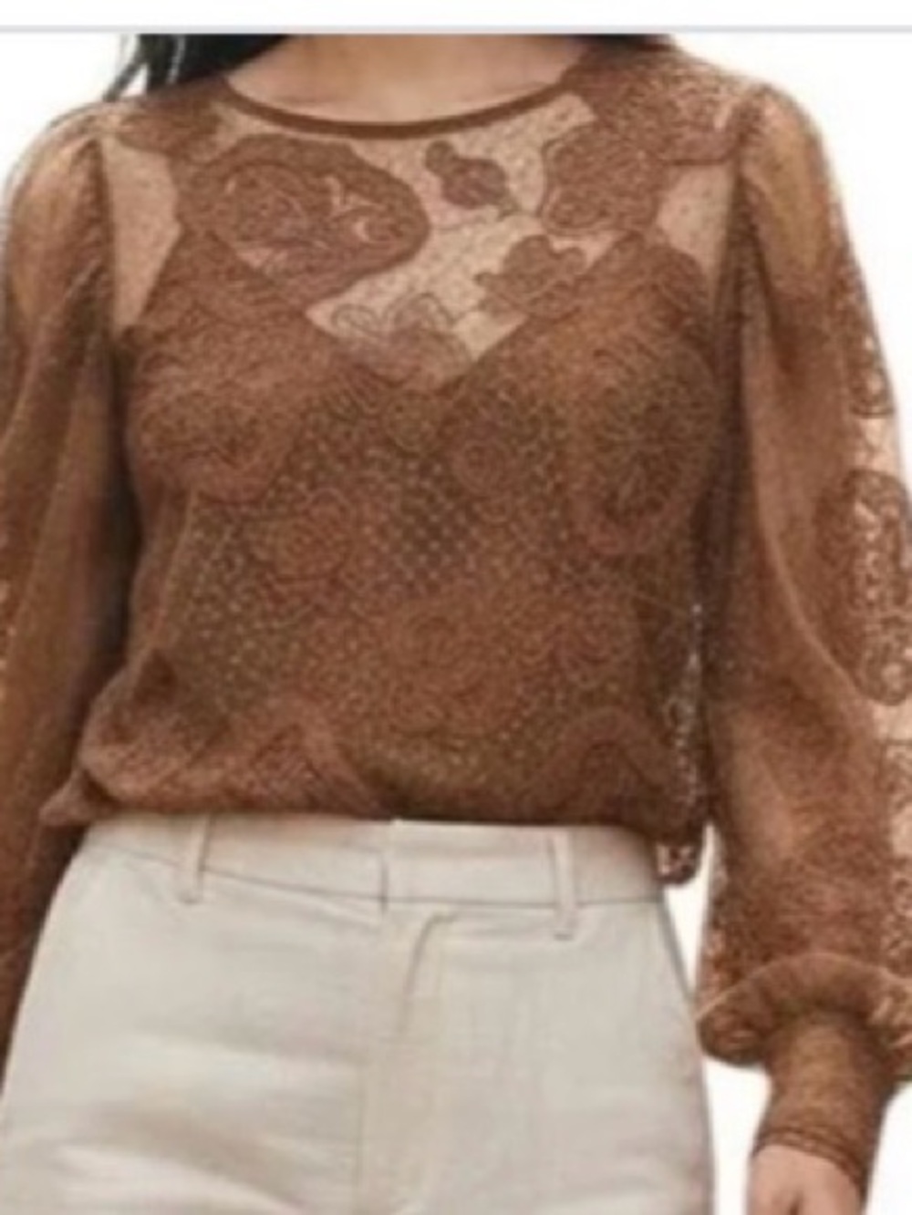 NWOT Express Women's Brown Lace Long-Sleeve Sheer Top Size M